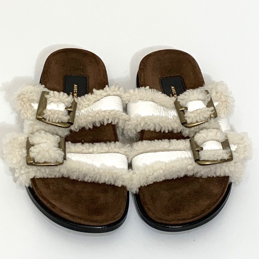 Avec Moderation NWOB White Leather Shearling Footbed Sandals Size 36